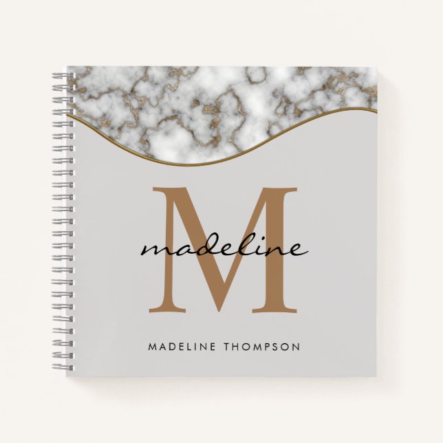 Carnet Élégant marbre d'or roux noir gris monogramme (Devant)