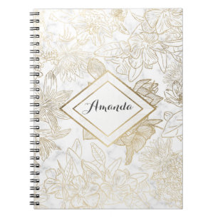 Carnet Elégant moderne blanc gris or marbre floral