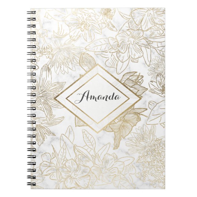 Carnet Elégant moderne blanc gris or marbre floral (Devant)