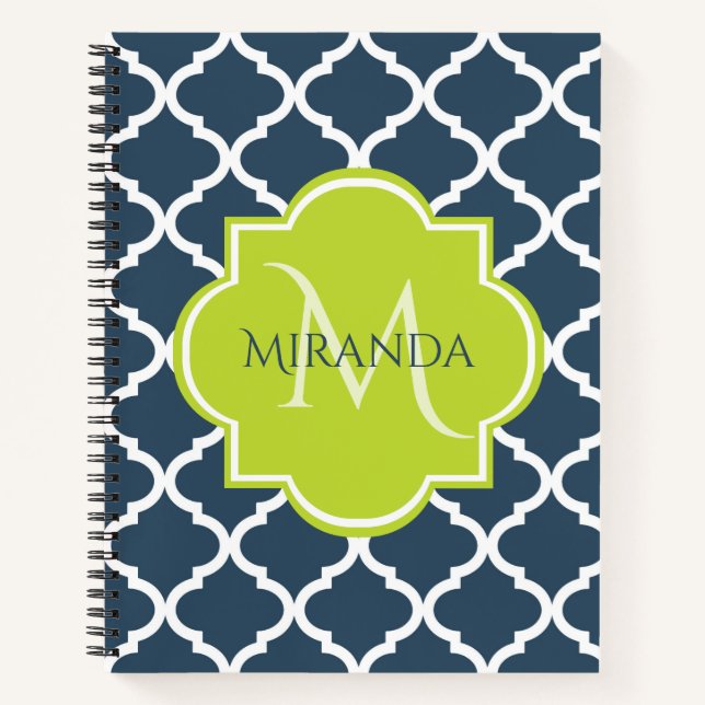 Carnet Élégant Monogram Marine Green Quatrefoil et nom (Devant)
