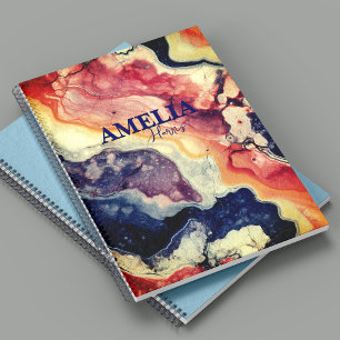 Carnet Élégant monogramme bleu rouge marbre art girly
