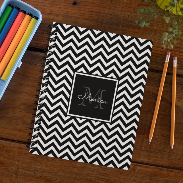 Carnet Élégant Monogramme Chevron noir et blanc (Créateur téléchargé)