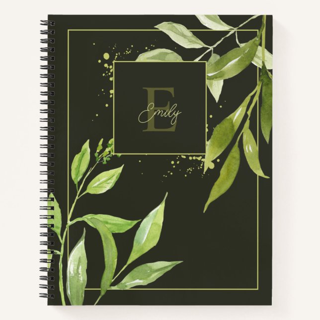 Carnet Élégant Monogramme d'aquarelle florale verte (Devant)