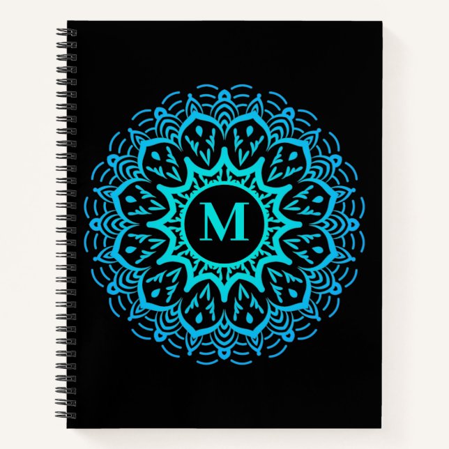 Carnet Élégant Monogramme de mandala bleu retour à l'écol (Devant)