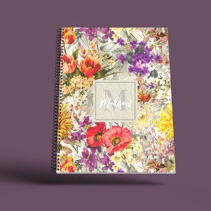 Carnet Élégant monogramme de motif gris fleuri violet
