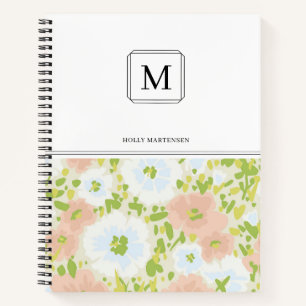 Carnet Élégant Monogramme Fleurs Aquarelle Rose Blanc
