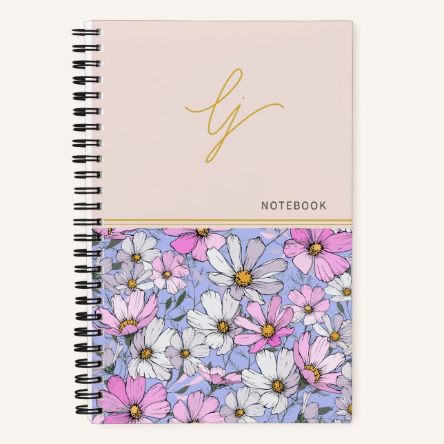 Carnet Élégant Monogramme Gold Script Rose Blue Flowers (Recto)