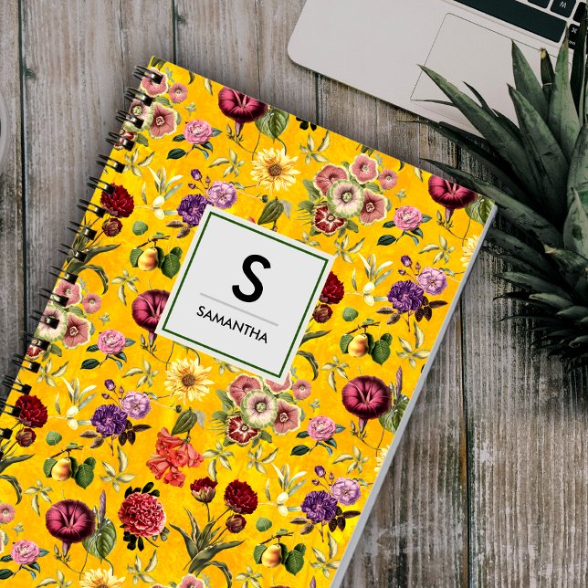 Carnet Élégant monogramme jaune à motif floral (Créateur téléchargé)