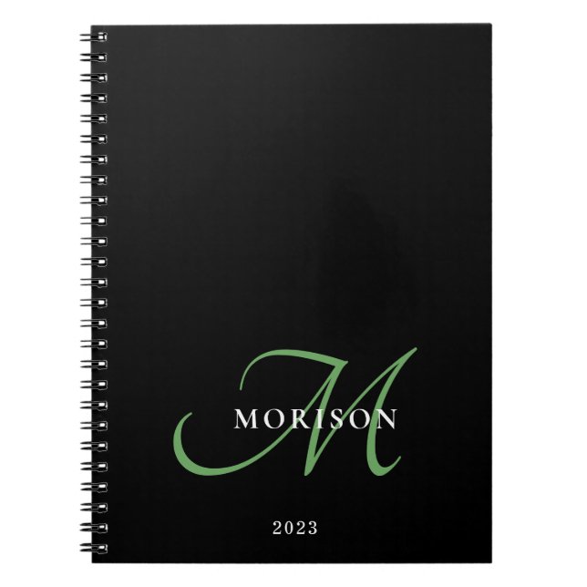 Carnet Élégant Monogramme moderne noir vert Script (Devant)