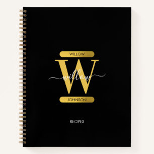 Carnet Élégant Monogramme noir & or Recette Script modern