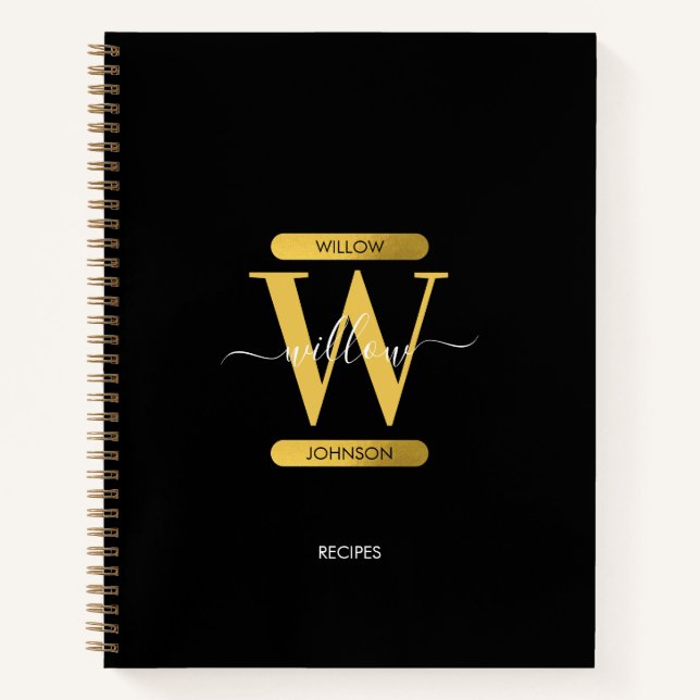 Carnet Élégant Monogramme noir & or Recette Script modern (Devant)