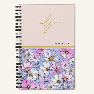 Carnet Élégant monogramme or écriture fleurs roses bleues