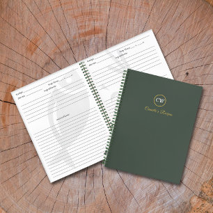 Carnet élégant monogramme or et vert forêt
