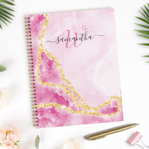 Carnet Élégant Monogramme Or Glittered Waves Glam rose