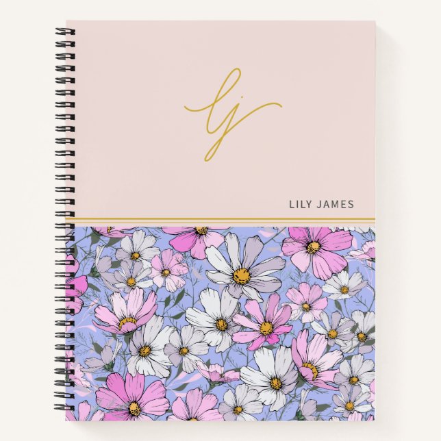 Carnet Élégant monogramme or script fleurs roses bleues  (Devant)
