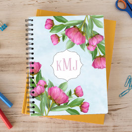 Carnet Élégant Monogramme Pink Botanical Peonies Élégant