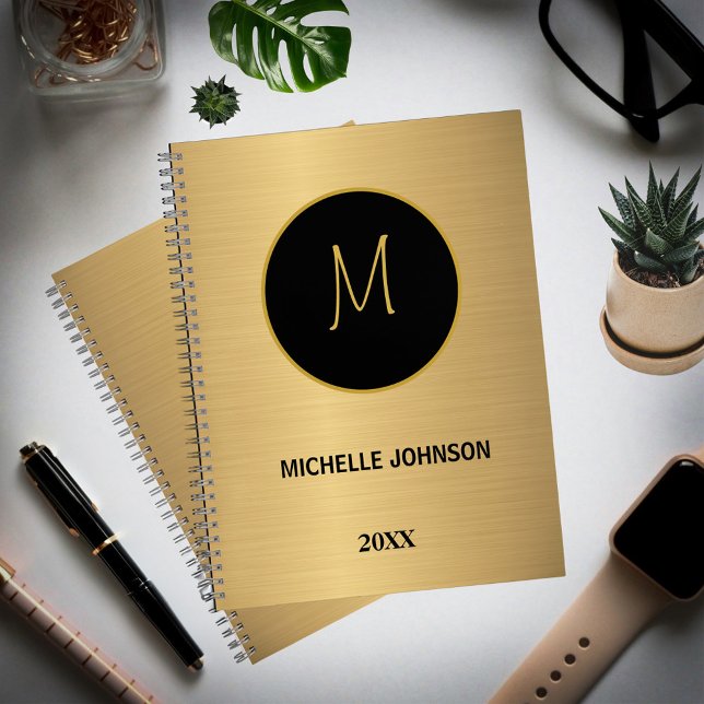 Carnet Élégant Monogramme professionnel Black Gold modern (Elegant Modern Gold Black Professional Monogram Notebook is great to write your notesk every day. )