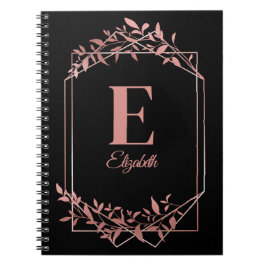Carnet Élégant monogrammé rose cadre or feuille noir