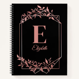 Carnet Élégant monogrammé rose cadre or feuille noir