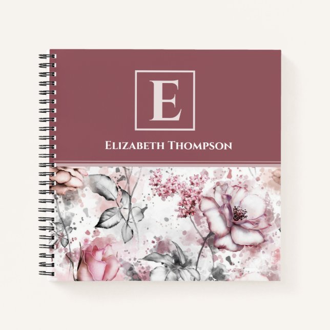 Carnet Élégant Monogramme rose et violet flore botanique (Devant)