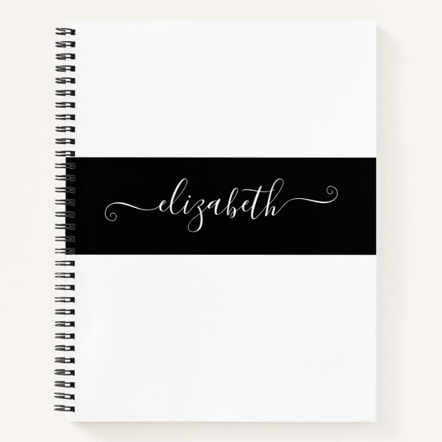 Carnet Élégant Noir Blanc Couleur Nom du bloc Monogramme (Devant)