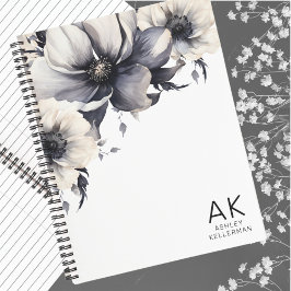 Carnet Élégant noir blanc floral Monogramme