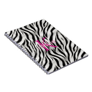 Carnet Élégant noir blanc zèbre animal rose monogramme