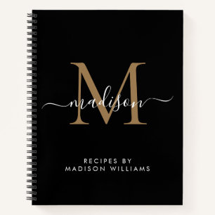 Carnet Élégant Noir Monogramme Nom du script Recette
