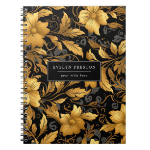 Carnet Élégant Noir Or Floral Feuille Script botanique