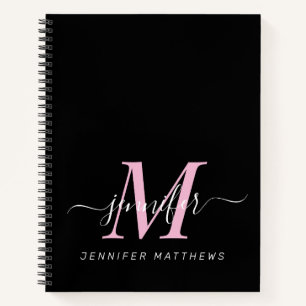 Carnet Élégant Noir Rose Personnalisé Nom Monogramme