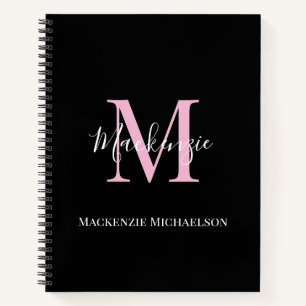 Carnet Élégant Noir Rose Personnalisé Nom Monogramme