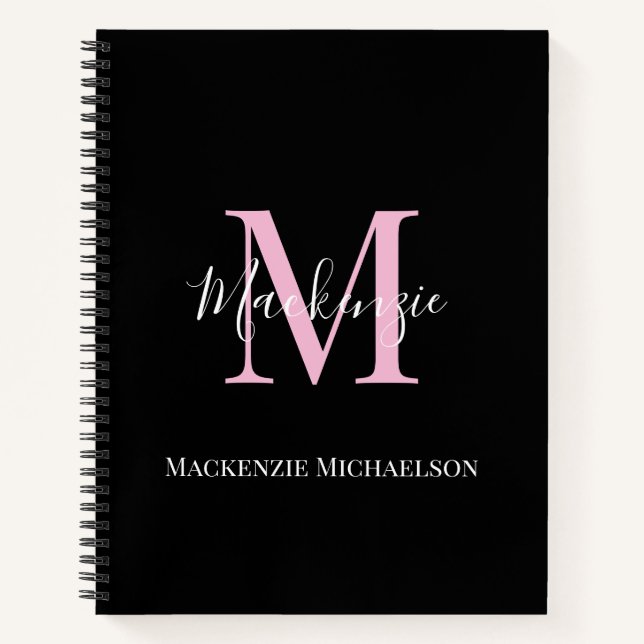 Carnet Élégant Noir Rose Personnalisé Nom Monogramme (Devant)