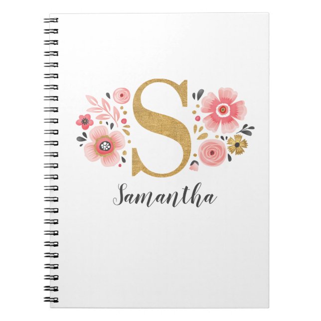 Carnet Élégant nom de monogramme rose blanc bureau floral (Devant)
