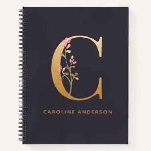 Carnet Elégant or floral C Monogramme Chic Personnalisé