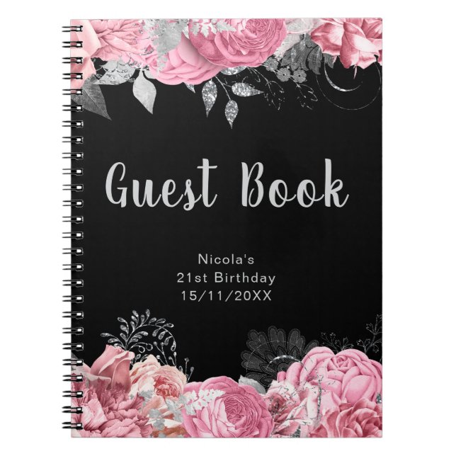 Carnet Elegant Pink and Silver Flower Birthday Guest Book (Devant)