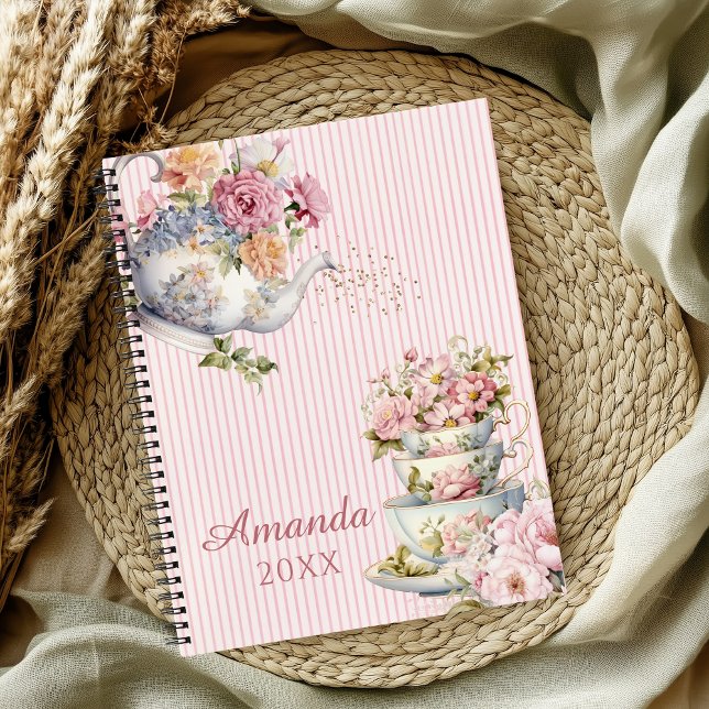 Carnet Elegant Pink Floral Vintage Teapot & Teacups  (Elegant Floral Teapot & Teacups personalized name Notebook)