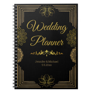 Carnet élégant planificateur de mariage noir or indien