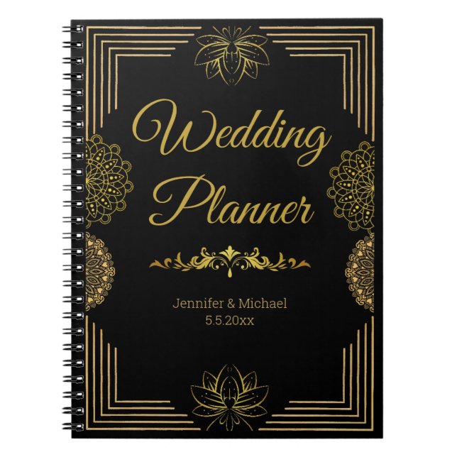 Carnet élégant planificateur de mariage noir or indien (Devant)