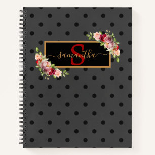 Carnet Elégant Pot Polka Noir Personnalisé et Roses