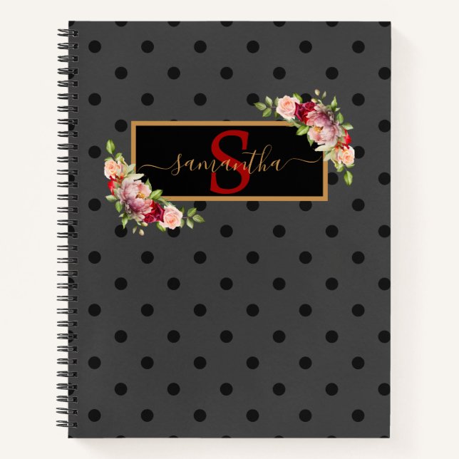 Carnet Elégant Pot Polka Noir Personnalisé et Roses (Devant)
