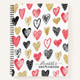 Carnet Elégant Red Black Hearts Votre nom Sketchbook