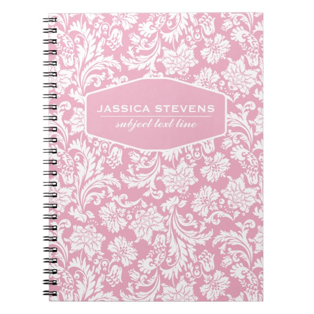 Carnet Elégant rose et blanc Vintage Damas florales (Devant)