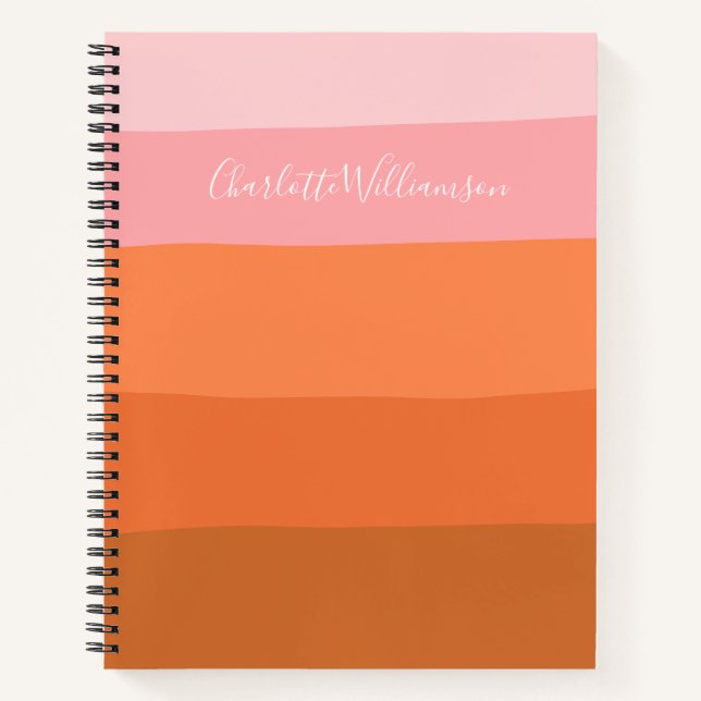 Carnet Élégant rose orange Abstrait rayures Nom du script (Devant)