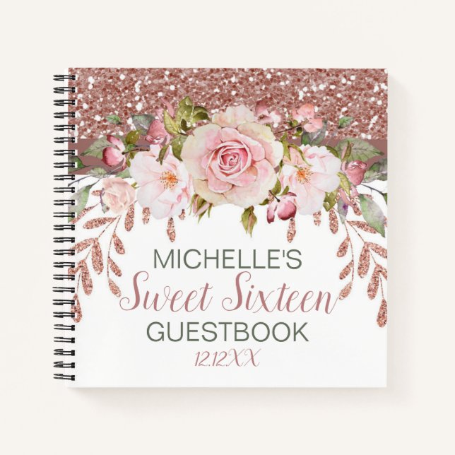Carnet Elégant Rose Sweet sixteen d'aquarelle or invité B (Devant)