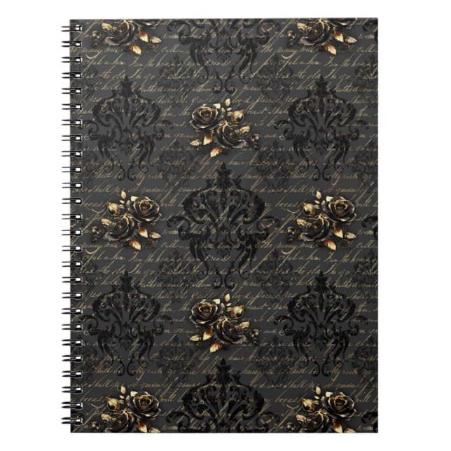 Carnet Élégant roses en or noir damassé gothique (Devant)