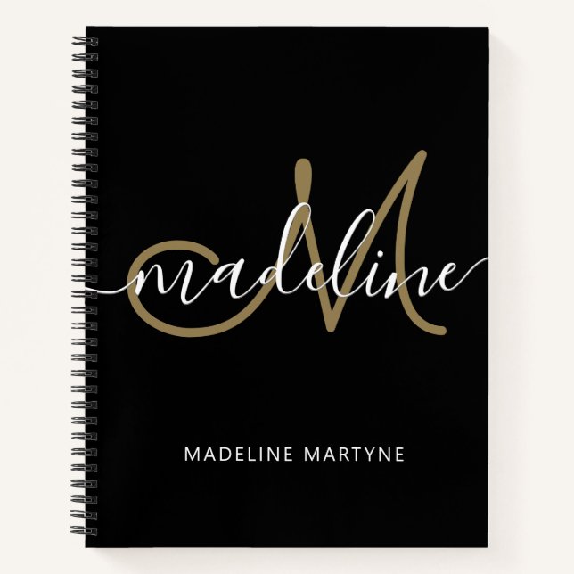 Carnet Élégant Script Monogram Black Gold (Devant)