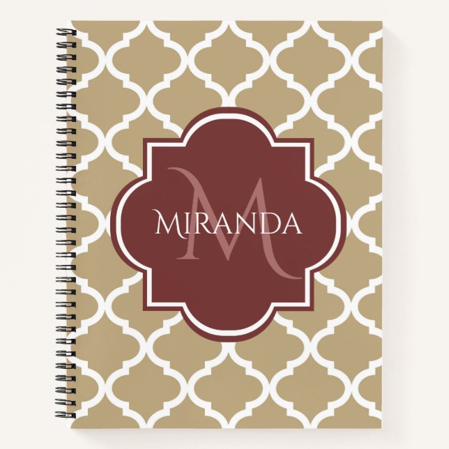 Carnet Élégant Tan Quatrefoil Bourgogne Monogramme et nom (Devant)