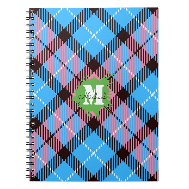 Carnet Élégant Tartan bleu rose personnalisé Script Monog (Devant)