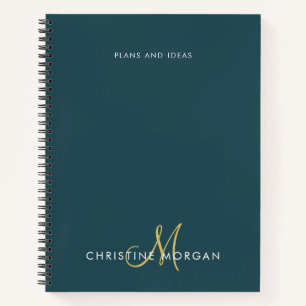 Carnet Élégant vert foncé et nom or monogramme initial