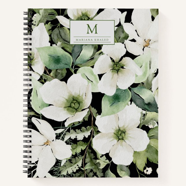 Carnet Elégante aquarelle florale noir et blanc (Devant)